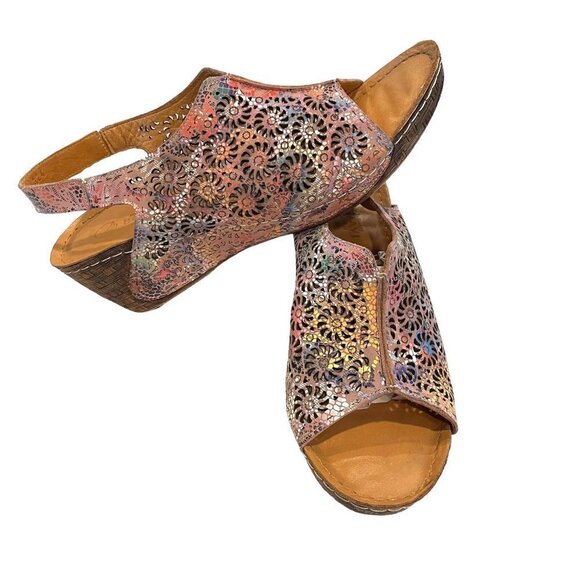 BONAVI Genuine Leather Lace Cutout Slingback Wedge Open Toe Sandals - Picture 1 of 10